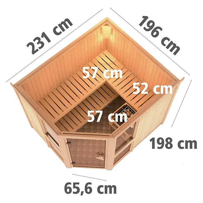 Karibu Elementsauna Amelia 3 - Mit 9 kW Ofen mit externer Steuerung, Ohne Dachkranz, L x B x H: 231 x 196 x 192 cm - Abbildung eines Ecksaunaplans mit den Maßen 231 x 196 x 198 cm, die ein klares Layout zeigt.