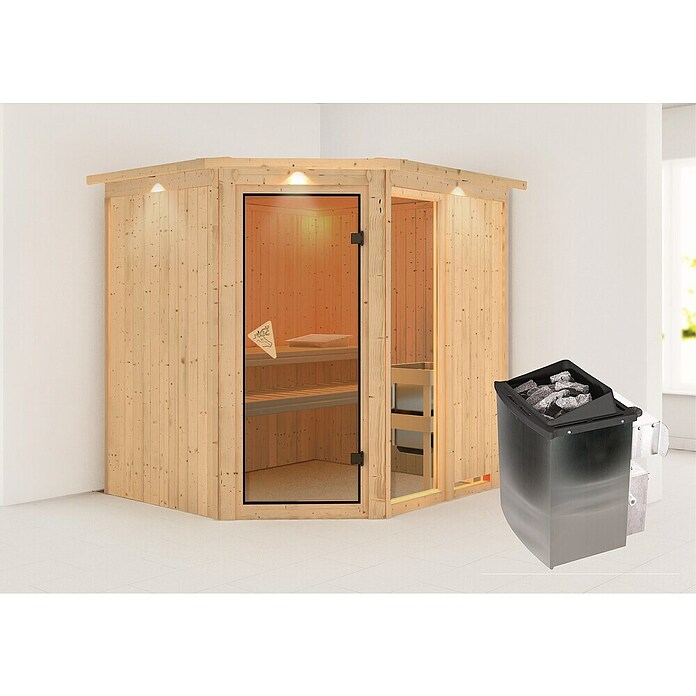 Karibu Systemsauna Fiona 2 (Mit 9 kW Saunaofen mit integrierter Steuerung, 170 x 196 x 198 cm, Mit Dachkranz und Beleuchtung)