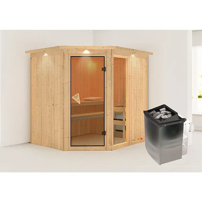 Karibu Elementsauna Fiona - Mit 9 kW Ofen mit integrierter Steuerung, Mit Dachkranz und Beleuchtung, L x B x H: 210 x 184 x 192 cm - Ein Ecksauna-Bausatz mit Glaseingangstür und ein Saunaofen mit Saunasteinen für ein entspannendes Saunaerlebnis zu Hause.