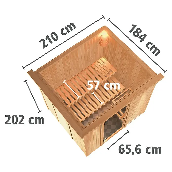 Karibu Elementsauna Sodin - Mit 9 kW Ofen mit externer Steuerung, Mit Dachkranz und Beleuchtung, L x B x H: 210 x 184 x 192 cm - Ansicht von oben der Außensauna mit Abmessungen, bestehend aus hellem Holz mit Bänken und Glastür.