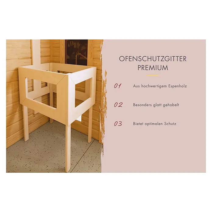Karibu Massivholzsauna Sonara - Ohne Ofen, Mit Dachkranz und Beleuchtung, L x B x H: 259 x 210 x 192 cm - Produktbild eines Ofenschutzgitters Premium. Es ist aus hochwertigem Espenholz gefertigt und bietet optimalen Schutz.