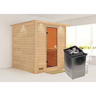 Karibu Elementsauna Mojave (Mit 9 kW Ofen mit integrierter Steuerung, Mit Dachkranz und Beleuchtung, Materialspezifizierung Tür: Ganzglas Bronze, L x B x H: 224 x 210 x 192 cm)