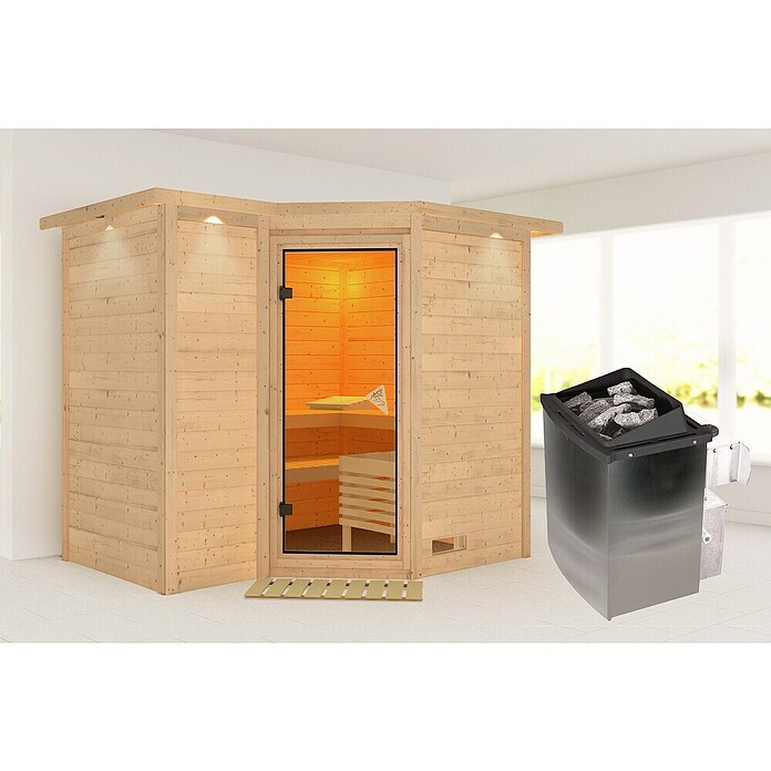 Karibu Massivholzsauna Sahib 2 (Mit 9 kW Saunaofen mit integrierter Steuerung, Mit Dachkranz und Beleuchtung, 184 x 236 x 209 cm)