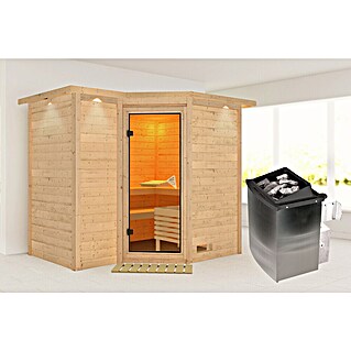 Karibu Massivholzsauna Sahib 2 (Mit 9 kW Ofen mit integrierter Steuerung, Mit Dachkranz und Beleuchtung, L x B x H: 264 x 198 x 200 cm)