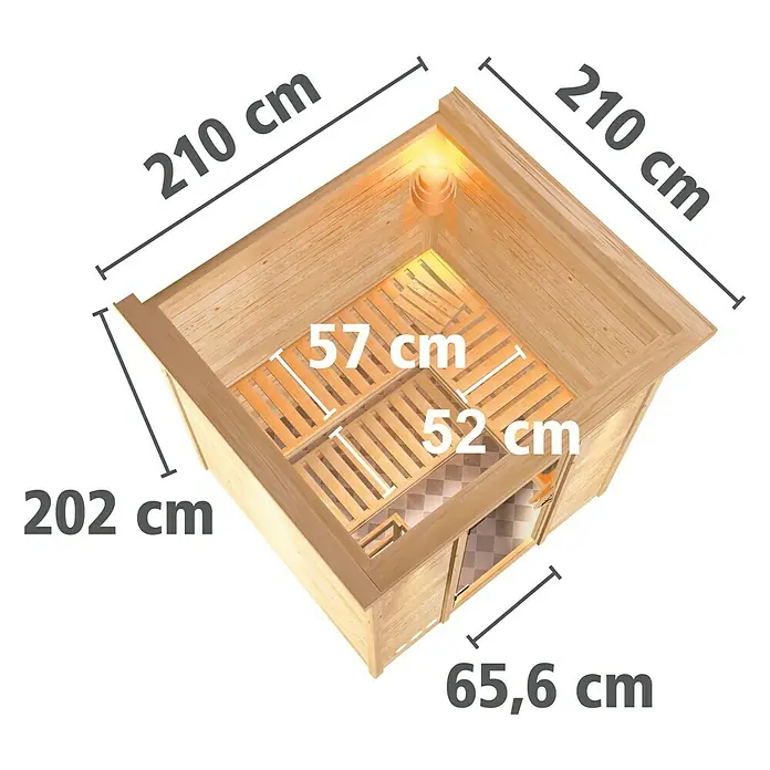 Karibu Elementsauna Rodin - Mit 9 kW Bio-Ofen mit externer Steuerung, Mit Dachkranz und Beleuchtung, L x B x H: 210 x 210 x 192 cm - Ansicht einer Holzsauna mit den Maßen 210 x 210 x 202 cm und Bänken von 57 x 52 cm.