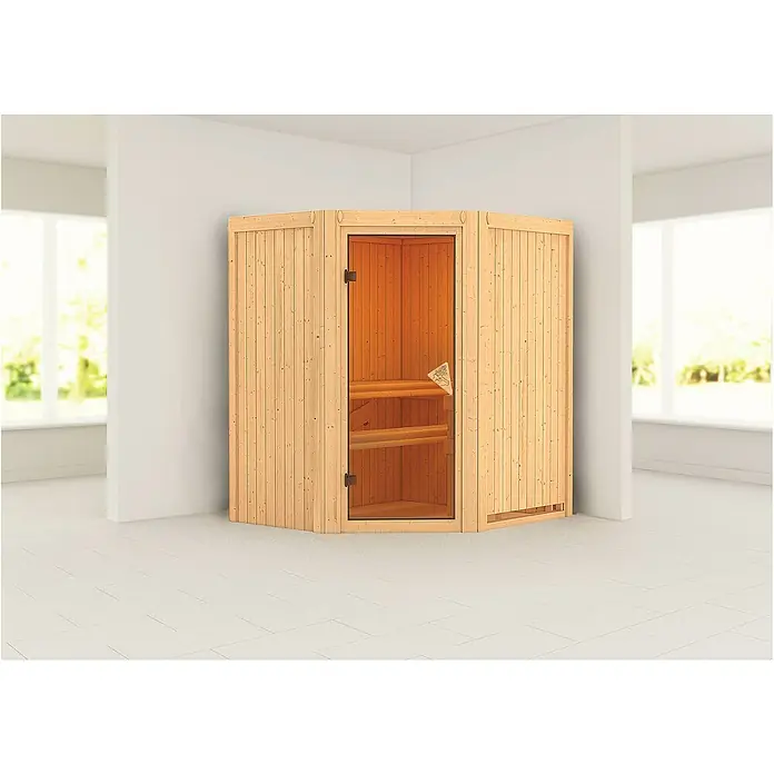 Karibu Elementsauna Taurin - Ohne Ofen, Ohne Dachkranz, L x B x H: 170 x 151 x 192 cm - Die Ecksauna aus hellem Holz mit Glastür und Holzbänken bietet Entspannung pur. Perfekt für kleine Räume und Wellness zu Hause.