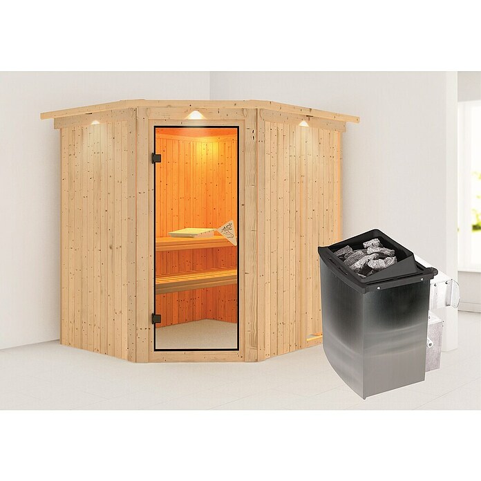 Karibu Systemsauna Siirin (Mit 9 kW Saunaofen mit integrierter Steuerung, Mit Dachkranz und Beleuchtung, Ganzglas Bronze, 170 x 196 x 198 cm)