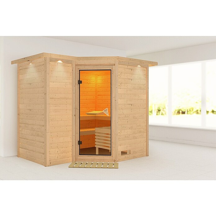 Karibu Massivholzsauna (Ohne Ofen, Mit Dachkranz und Beleuchtung, 184 x 236 x 209 cm)