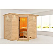 Karibu Massivholzsauna (Ohne Ofen, Mit Dachkranz und Beleuchtung, 184 x 236 x 209 cm)