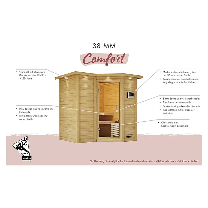 Karibu Elementsauna Mojave - Ohne Ofen, Mit Dachkranz und Beleuchtung, Materialspezifizierung Tür: Ganzglas Bronze, L x B x H: 224 x 210 x 192 cm - Saunabild mit den Besonderheiten der Comfort-Sauna, wie z.B. 38mm Stärke, LED-Spots, hochwertiges Espenholz und Sicherheitsglastür.