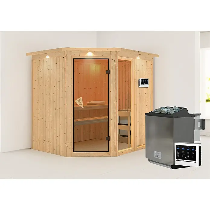 Karibu Elementsauna Fiona - Mit 9 kW Bio-Ofen mit externer Steuerung, Mit Dachkranz und Beleuchtung, L x B x H: 210 x 184 x 192 cm - Ein Ecksauna-Modell mit Glastür und einem Saunaofen zur Erzeugung von Wärme und Entspannung, inklusive Steinen.