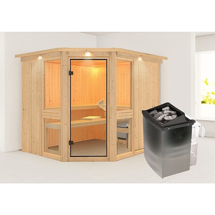 Karibu Systemsauna Amelia 3 (Mit 9 kW Saunaofen mit integrierter Steuerung, Mit Dachkranz und Beleuchtung, 196 x 231 x 198 cm)