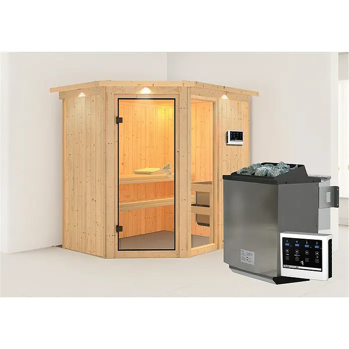 Karibu Elementsauna Fiona - Mit 9 kW Bio-Ofen mit externer Steuerung, Mit Dachkranz und Beleuchtung, L x B x H: 210 x 165 x 192 cm - Abbildung einer Sauna mit Holzkabine und Saunaofen mit Steinen, inklusive digitalem Bedienfeld zur Steuerung der Sauna.