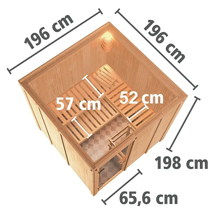 Karibu Elementsauna Rodin - Ohne Ofen, Ohne Dachkranz, L x B x H: 196 x 196 x 192 cm - Das Bild zeigt eine Sauna mit den Maßen 196 x 196 x 198 cm. Die Saunakabine hat eine Tür und eine Inneneinrichtung mit Bänken.