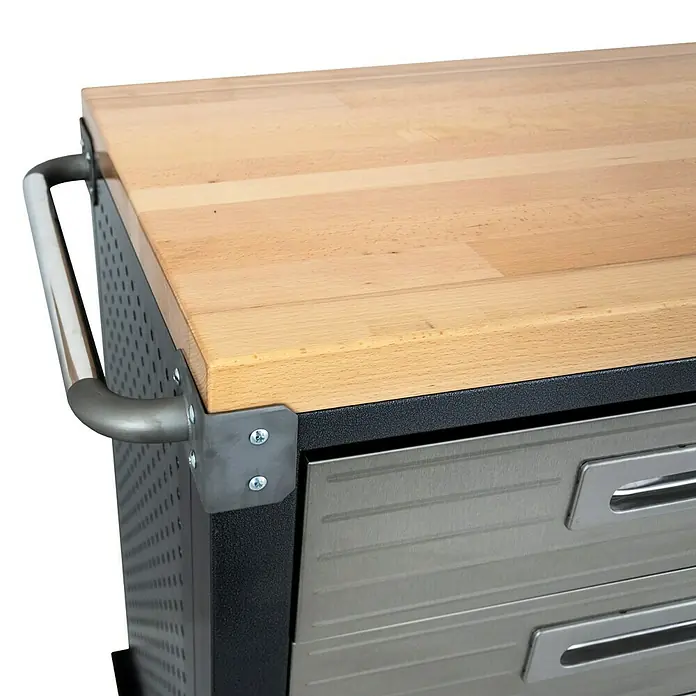 Werkstattwagen - L x B x H: 51 x 195 x 95 cm, Anzahl Schubladen: 12 Stk. - Detailaufnahme eines Werkstattwagens mit Holzplatte, Griff und Schubladen aus Metall. Solide Bauweise für den professionellen Einsatz.