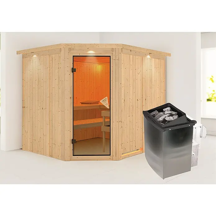 Karibu Elementsauna Malin - Mit 9 kW Ofen mit integrierter Steuerung, Mit Dachkranz und Beleuchtung, L x B x H: 245 x 210 x 192 cm - Ein Ecksauna-Set mit Holzwänden, Glastür und einem Ofen mit Steinen. Perfekt für ein entspannendes Saunaerlebnis zu Hause.