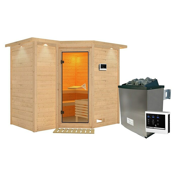 Karibu Massivholzsauna Sahib 2 (Mit Saunaofen 9 kW inkl. Steuerung Easy, Mit Dachkranz und Beleuchtung, 184 x 236 x 209 cm)