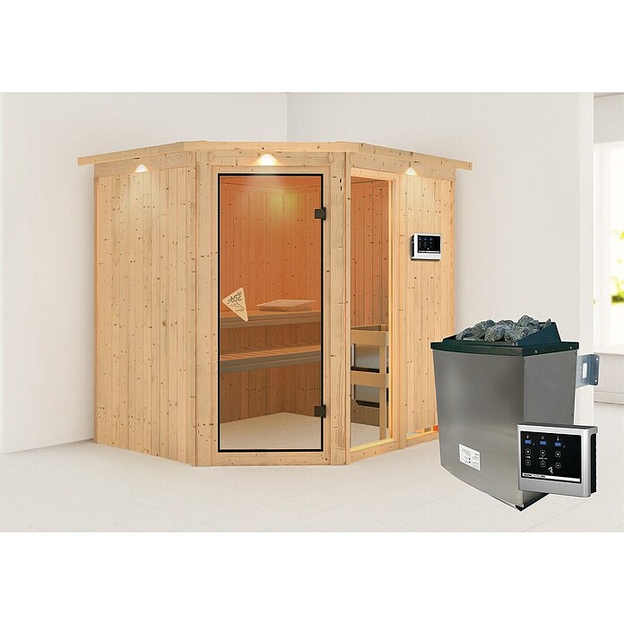 Karibu Systemsauna Fiona 2 (Mit Saunaofen 9 kW inkl. Steuerung Easy, Mit Dachkranz und Beleuchtung, 170 x 196 x 198 cm)