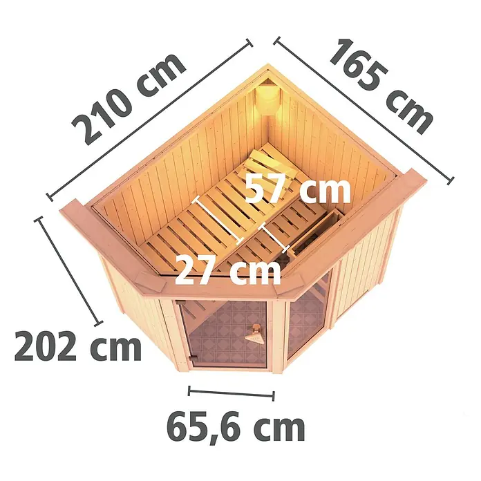 Karibu Elementsauna Fiona - Mit 9 kW Ofen mit integrierter Steuerung, Mit Dachkranz und Beleuchtung, L x B x H: 210 x 165 x 192 cm - Darstellung einer Ecksauna mit den Maßen 210 cm, 165 cm, 202 cm und 65,6 cm, ideal für Ihr Zuhause.