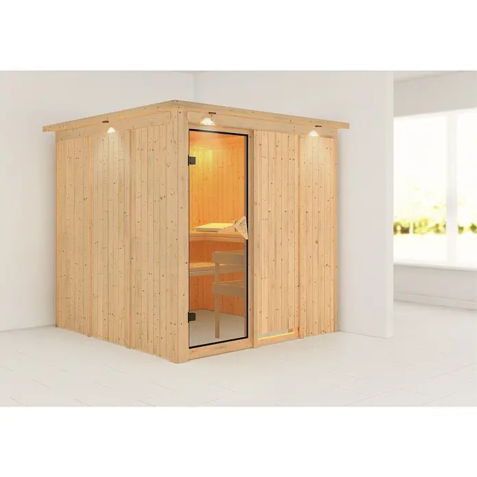 Karibu Elementsauna Rodin - Ohne Ofen, Mit Dachkranz und Beleuchtung, L x B x H: 210 x 210 x 192 cm - Die Holzkabine einer Sauna mit Glastür und integrierten Leuchten, die eine entspannende Atmosphäre für Wellnessanwendungen bietet.