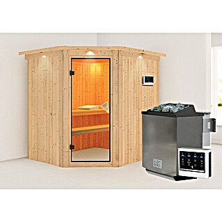 Karibu Elementsauna Siirin (Mit 9 kW Bio-Ofen mit externer Steuerung, Mit Dachkranz und Beleuchtung, Materialspezifizierung Tür: Ganzglas Bronze, L x B x H: 210 x 184 x 192 cm)