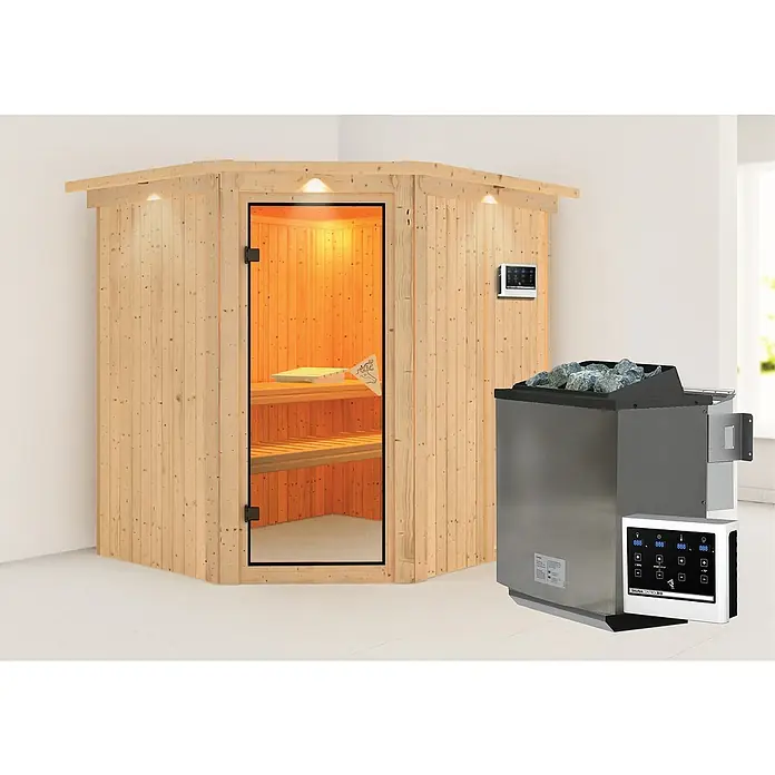 Karibu Elementsauna Siirin - Mit 9 kW Bio-Ofen mit externer Steuerung, Mit Dachkranz und Beleuchtung, Materialspezifizierung Tür: Ganzglas Bronze, L x B x H: 210 x 184 x 192 cm - Eine moderne Sauna mit Holzwänden und Glastür, neben einem Saunaofen mit Steinen und Steuerung. Entspannung pur im eigenen Zuhause.