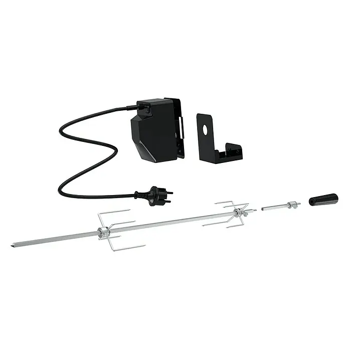 Tepro Drehspieß Universal - Länge: 95 cm, Netzbetrieben - Produktansicht eines Grillspieß-Sets mit Motor, Spießgabeln und Griff. Ideal für die Zubereitung von Grillgerichten im Freien.