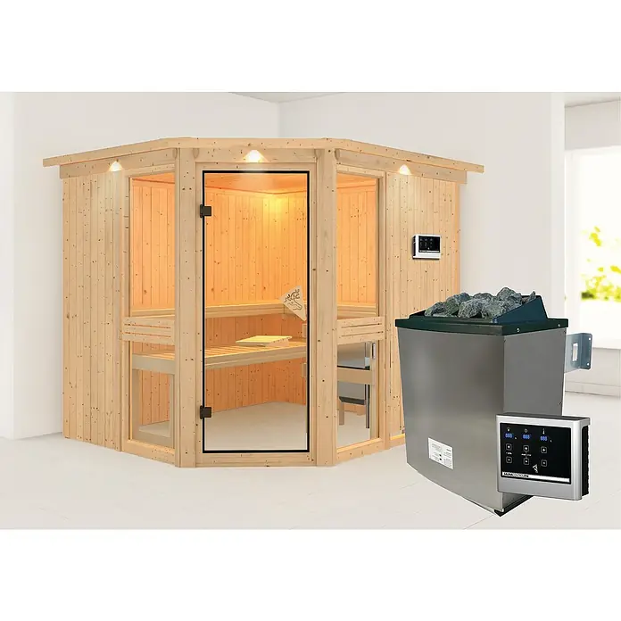 Karibu Elementsauna Amelia 3 - Mit 9 kW Ofen mit externer Steuerung, Mit Dachkranz und Beleuchtung, L x B x H: 245 x 210 x 192 cm - Eine kompakte Sauna-Einheit mit Holzverkleidung und einem separaten Saunaofen, ideal für entspannende Momente zu Hause.