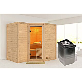 Karibu Massivholzsauna Sahib 2 (Mit 9 kW Ofen mit integrierter Steuerung, Mit Dachkranz und Beleuchtung, L x B x H: 236 x 184 x 200 cm)