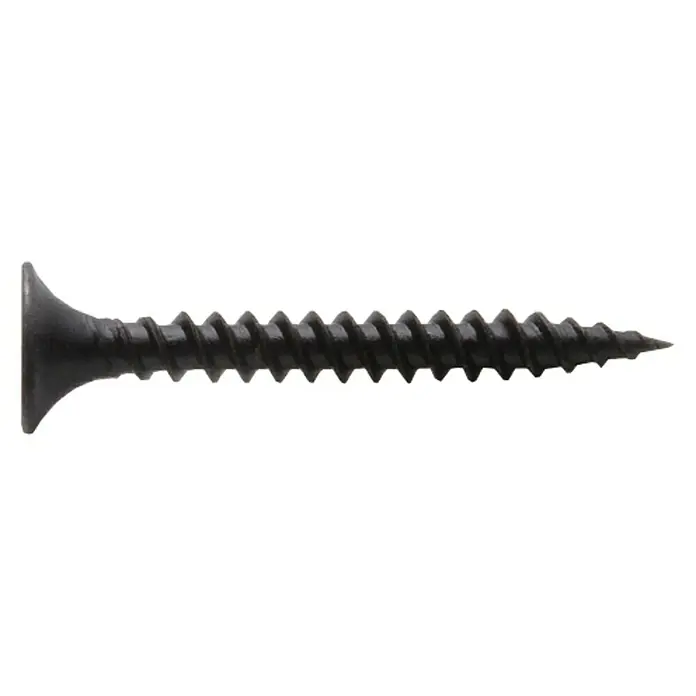 Placafix Tornillo para construcción en seco - Largo: 45 mm, Número de componentes: 1.000 ud., Diámetro cabeza: 3,5 mm - Primer plano de un tornillo para paneles de yeso negro con roscas afiladas, ideal para proyectos de construcción y bricolaje.