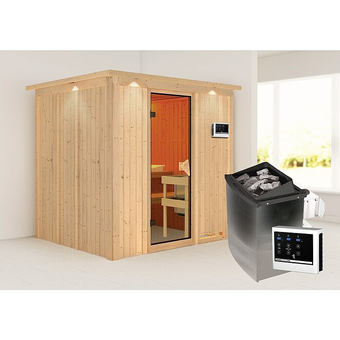 Karibu Systemsauna Sodin (Mit Saunaofen 9 kW inkl. Steuerung Easy, Mit Dachkranz und Beleuchtung, 170 x 196 x 198 cm)