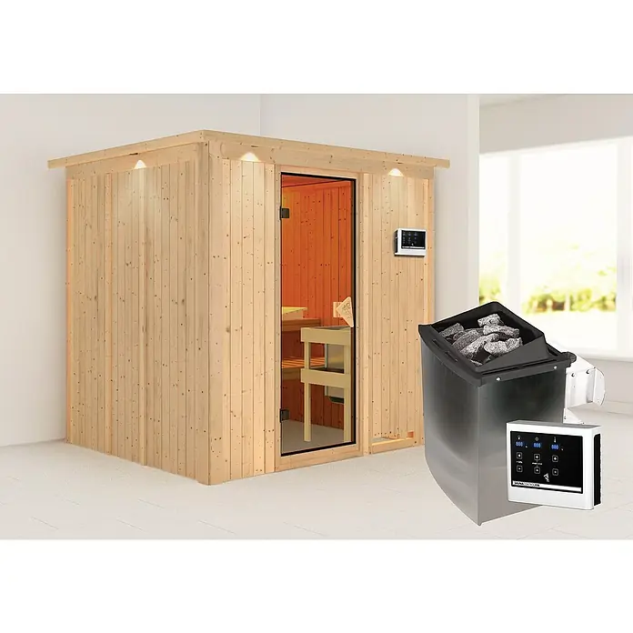 Karibu Elementsauna Sodin - Mit 9 kW Ofen mit externer Steuerung, Mit Dachkranz und Beleuchtung, L x B x H: 210 x 184 x 192 cm - Ein Saunahaus mit einem Saunaofen und einem Bedienfeld für ein entspannendes Saunaerlebnis.