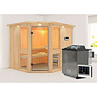 Karibu Elementsauna Amelia 3 (Mit 9 kW Bio-Ofen mit externer Steuerung, Mit Dachkranz und Beleuchtung, L x B x H: 245 x 210 x 192 cm)