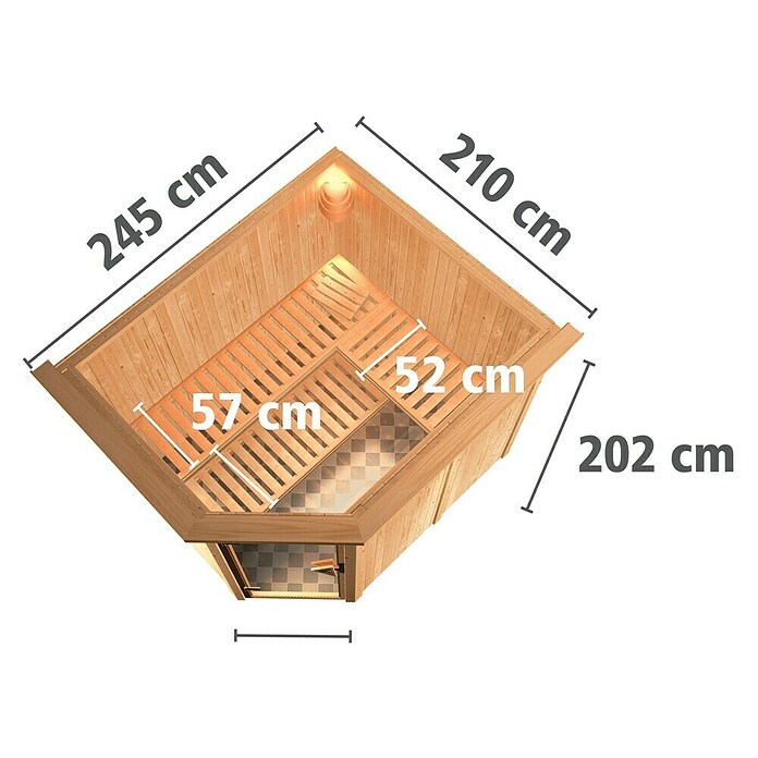 Karibu Systemsauna Malin (Mit 9 kW Saunaofen mit integrierter Steuerung, Mit Dachkranz und Beleuchtung, 196 x 231 x 198 cm)