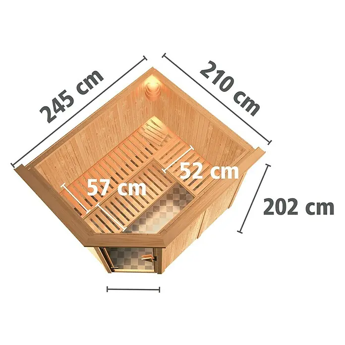 Karibu Elementsauna Malin - Mit 9 kW Ofen mit integrierter Steuerung, Mit Dachkranz und Beleuchtung, L x B x H: 245 x 210 x 192 cm - Die Abmessungen einer Ecksauna mit Maßen von 245 cm, 210 cm, 202 cm, 57 cm und 52 cm sind in dieser Abbildung dargestellt.