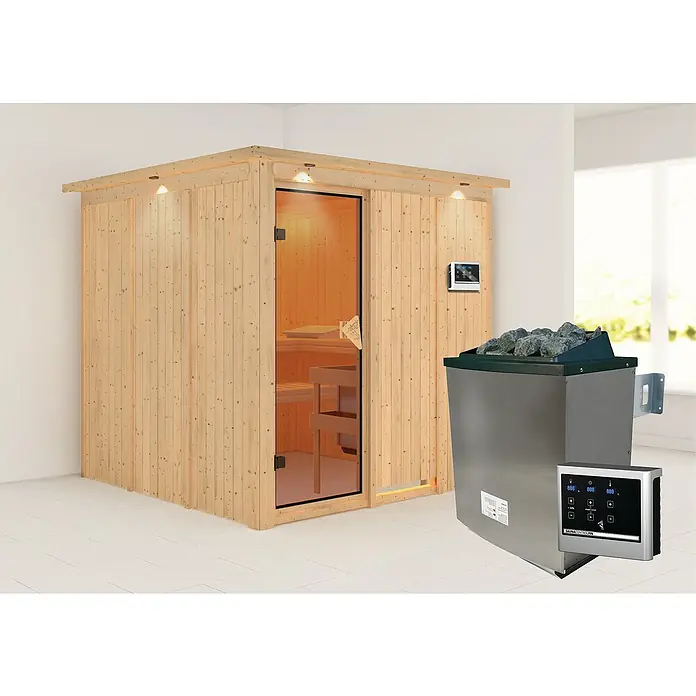 Karibu Elementsauna Rodin - Mit 9 kW Ofen mit externer Steuerung, Mit Dachkranz und Beleuchtung, L x B x H: 210 x 210 x 192 cm - Geräumige Sauna mit eingebautem Ofen und Steuerungselement für ein entspannendes Wellness-Erlebnis im eigenen Zuhause.