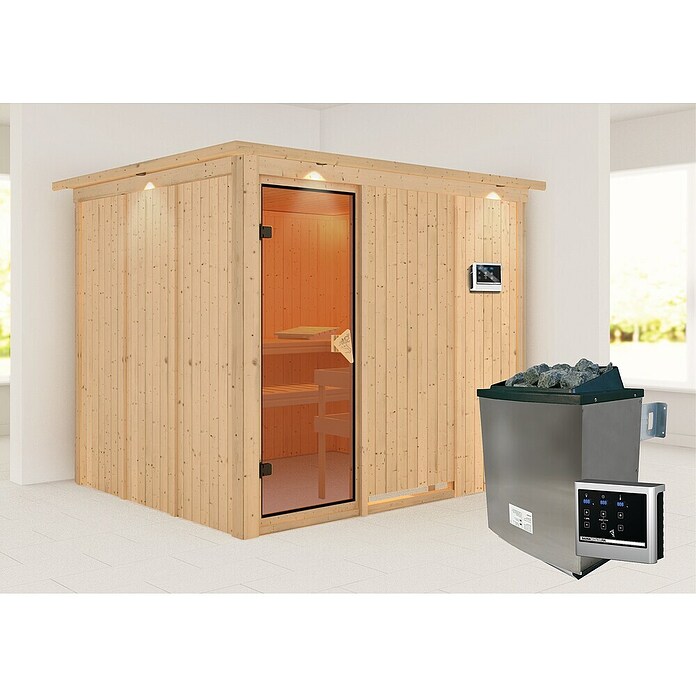 Karibu Systemsauna Gobin (Mit Saunaofen 9 kW inkl. Steuerung Easy, Mit Dachkranz und Beleuchtung, 196 x 231 x 198 cm)