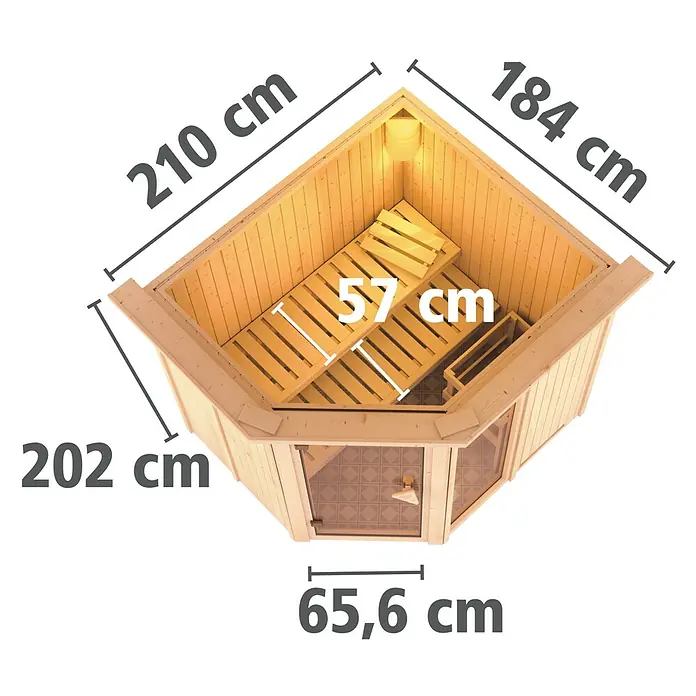 Karibu Elementsauna Fiona - Ohne Ofen, Mit Dachkranz und Beleuchtung, L x B x H: 210 x 184 x 192 cm - Draufsicht einer Ecksauna mit Maßangaben, die ihre Abmessungen und Raumaufteilung detailliert darstellen.
