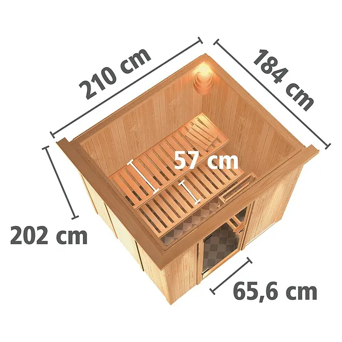 Karibu Elementsauna Sodin - Ohne Ofen, Mit Dachkranz und Beleuchtung, L x B x H: 210 x 184 x 192 cm - Bild einer Sauna mit verschiedenen Maßangaben. Die Sauna ist aus Holz gefertigt und verfügt über eine Bank im Inneren.