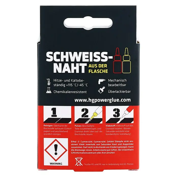 HG Power Glue Kleber-Set Klebstoff und Granulat - 60 g, 2 -tlg., Flasche - Abbildung der Verpackung von HG Powerglue Schweißnaht aus der Flasche, einem chemikalienresistenten Klebstoff.