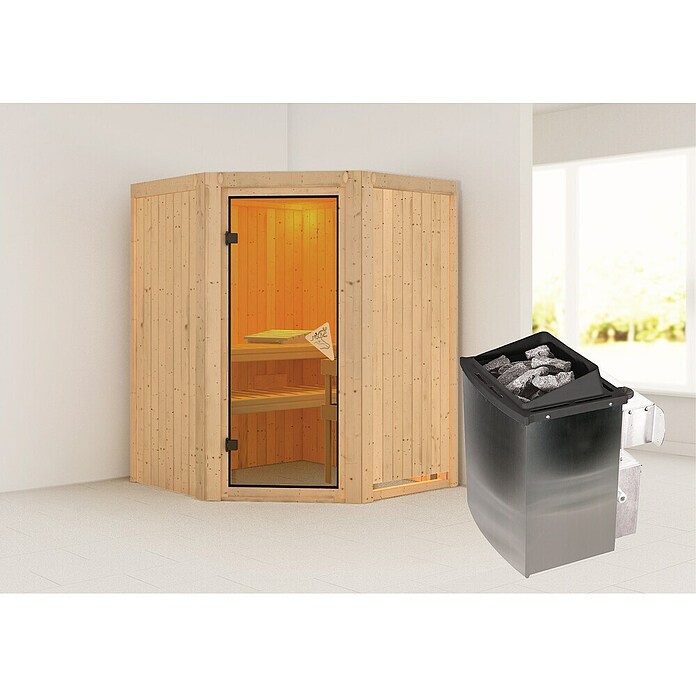 Karibu Systemsauna Larin (Mit 9 kW Saunaofen mit integrierter Steuerung, Ohne Dachkranz, 151 x 151 x 198 cm)