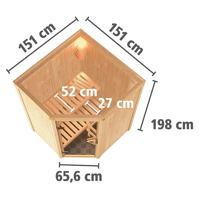 Karibu Elementsauna Nanja - Ohne Ofen, Ohne Dachkranz, L x B x H: 151 x 151 x 192 cm - Draufsicht einer Ecksauna aus Holz mit Maßangaben zu den Abmessungen wie Höhe, Breite und Tiefe.