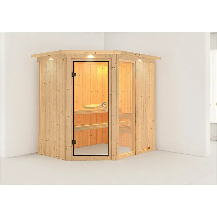 Karibu Elementsauna Fiona - Ohne Ofen, Mit Dachkranz und Beleuchtung, L x B x H: 210 x 165 x 192 cm - Helle Holzsauna mit Glastür und Innenbeleuchtung für entspannende Wellnessmomente im eigenen Zuhause.