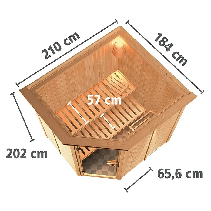 Karibu Elementsauna Siirin - Ohne Ofen, Mit Dachkranz und Beleuchtung, Materialspezifizierung Tür: Ganzglas Bronze, L x B x H: 210 x 184 x 192 cm - Abmessungen der Ecksauna mit 210 cm Länge, 184 cm Breite und 202 cm Höhe, Sitzbanktiefe 57 cm, Breite 65,6 cm.