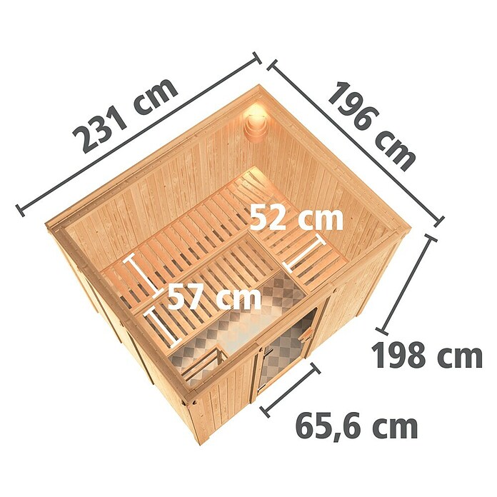 Karibu Systemsauna Gobin (Mit 9 kW Saunaofen mit integrierter Steuerung, Ohne Dachkranz, 196 x 231 x 198 cm)