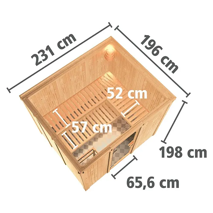 Karibu Elementsauna Gobin - Mit 9 kW Ofen mit integrierter Steuerung, Ohne Dachkranz, L x B x H: 231 x 196 x 192 cm - Abbildung einer Sauna mit den Maßen 231 cm x 196 cm x 198 cm und Details zu den Innenmaßen, die die Raumaufteilung veranschaulichen.