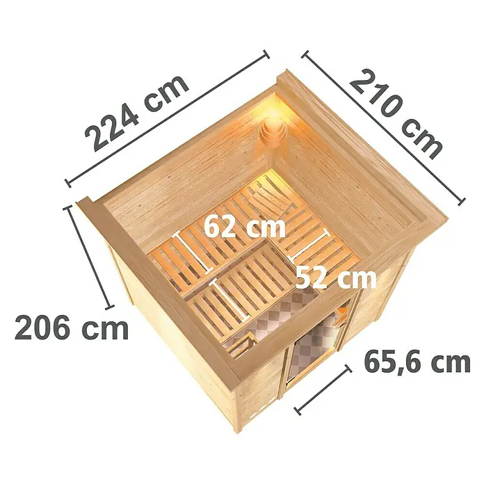 Karibu Elementsauna Mojave - Ohne Ofen, Mit Dachkranz und Beleuchtung, Materialspezifizierung Tür: Ganzglas Bronze, L x B x H: 224 x 210 x 192 cm - Abbildung einer Holzsauna mit Maßangaben. Die Sauna ist aus hellem Holz gefertigt und mit verschiedenen Maßen versehen.