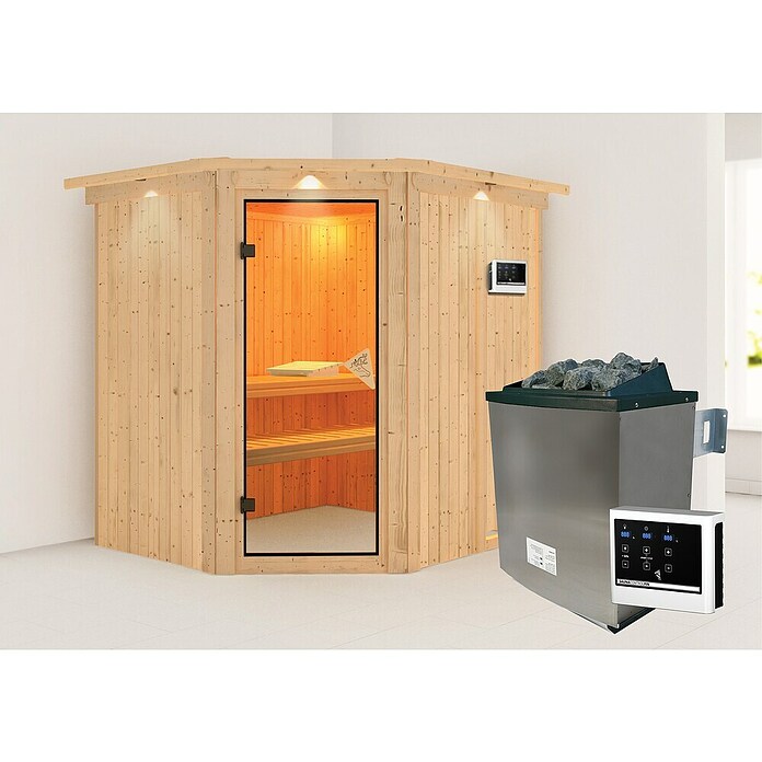 Karibu Systemsauna Siirin (Mit Saunaofen 9 kW inkl. Steuerung Easy, Mit Dachkranz und Beleuchtung, Ganzglas Bronze, 170 x 196 x 198 cm)