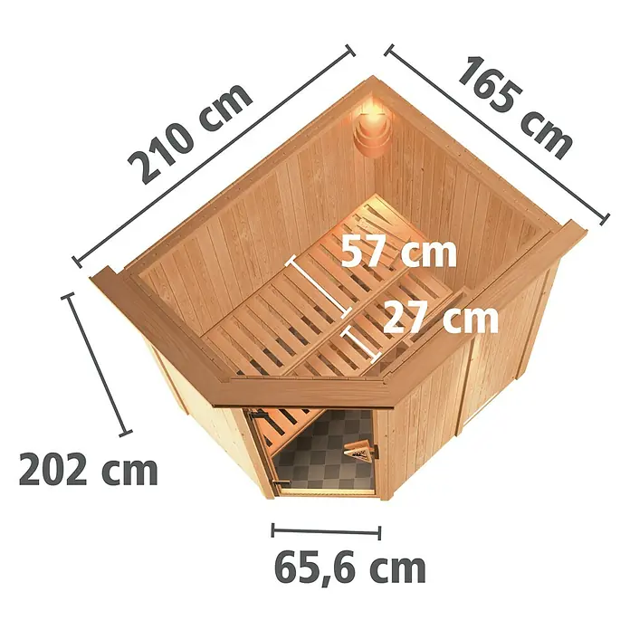 Karibu Elementsauna Carin - Ohne Ofen, Mit Dachkranz und Beleuchtung, L x B x H: 165 x 210 x 192 cm - Abbildung einer Ecksauna mit den Maßen 210 cm, 165 cm, 202 cm und 65,6 cm.