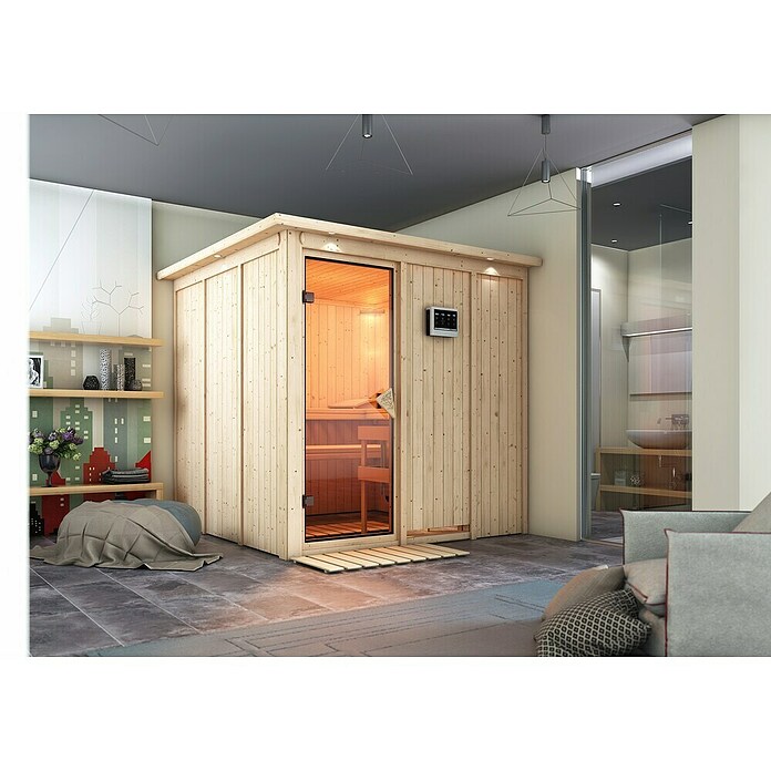 Karibu Systemsauna Rodin (Mit Sauna Bio-Ofen 9 kW inkl. Steuerung Easy, Mit Dachkranz und Beleuchtung, 196 x 196 x 198 cm)